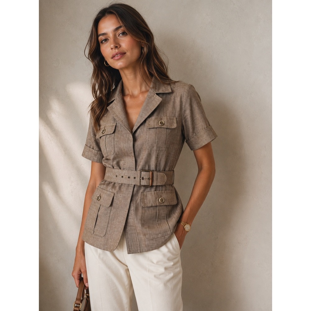 Massimo Dutti Linen Silk Safari Belted Jacket Tan Short Sleeve Utility Blazer 6